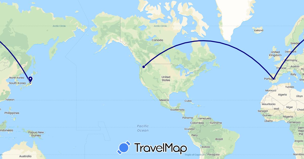 TravelMap itinerary: driving in Spain, Japan, United States (Asia, Europe, North America)